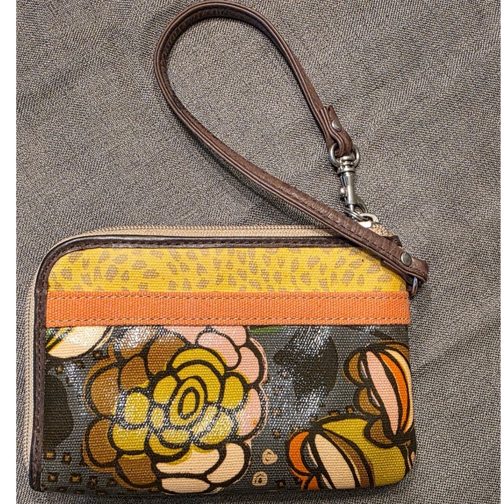 Fossil Key-Per Wristlet Wallet Small Yellow Floral Animal Print Coated Canvas